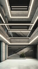 Obraz premium Stunning Modern Concrete Building Interior Design with Sleek Staircase and Stylish Lighting
