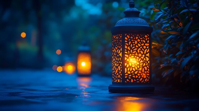 Ornate lanterns and assorted candles radiating warmth and charm in a deep blue night ambiance