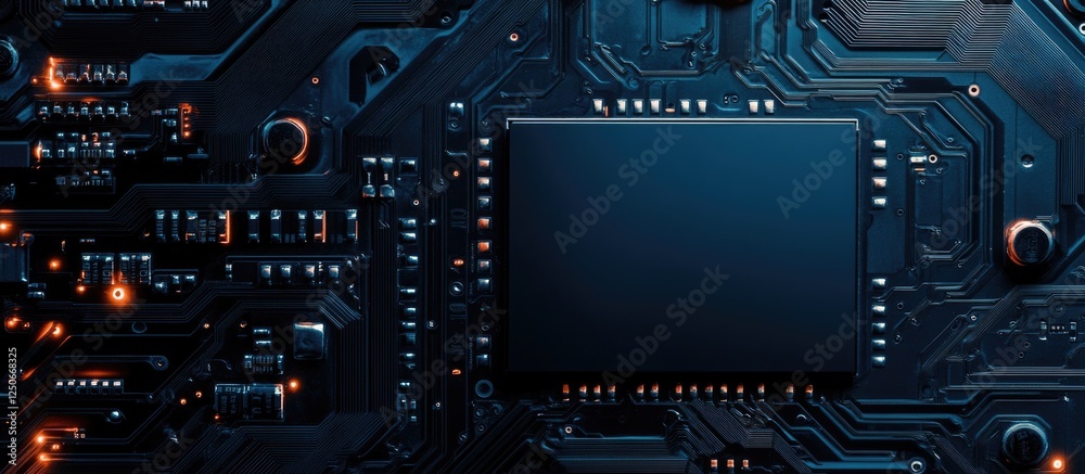 Fototapete hard disk unit close-up with dark circuit board background and blank space for text or graphics