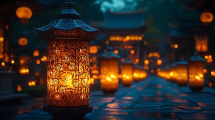 A nighttime festival scene glowing with decorative candles and artistic lanterns in a blue color scheme