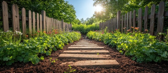 Lush cilantro plants thriving in a vibrant herbal garden pathway illuminated by sunlight at a charming country home.