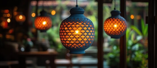 Fototapeta premium Beautifully decorated hanging lamps illuminating a cozy space in Ambarawa Central Java Indonesia showcasing unique local craftsmanship.