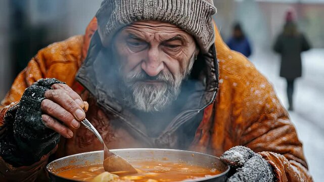 a beggar eats soup. Selective focus