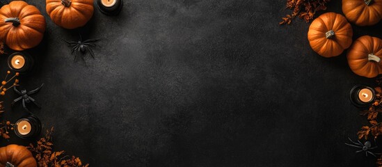 Halloween themed black background with pumpkins, candles, spiders, and space for text, perfect for festive invitations or decorations.