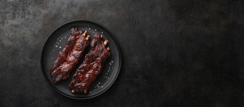 Grilled smoked ribs on a black plate with a dark background and space for text or branding in a restaurant or food advertisement.