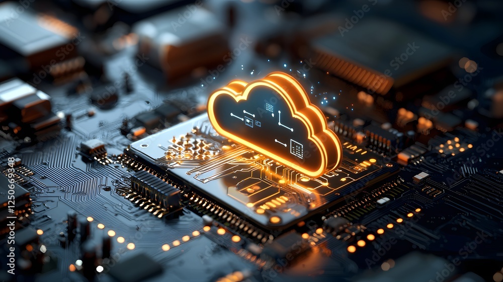 Poster glowing digital cloud computing technology backdrop with illuminating processors and circuits on a f
