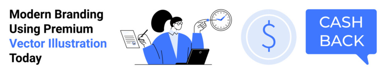 Animated woman analyzes financial data, highlights cashback benefits, tracks time efficiently. Ideal for financial apps, e-commerce, marketing, time management, budgeting, business strategy flat