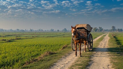 Obraz premium Horse pulling cart in rural field, farming area. Background paddy fields, travel use