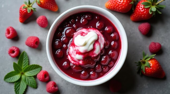 Traditional Danish red berry compote topped with cream and fresh fruit