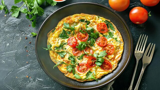 omelet in a plate on the table. Selective focus