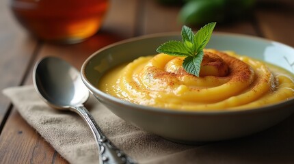 Majarete served in a bowl with mint garnish and cinnamon sprinkle