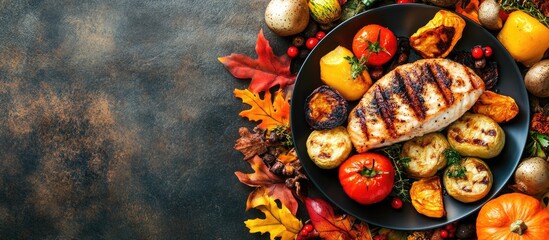 Grilled Fish and Seasonal Vegetables on Dark Plate with Autumn Leaves and Empty Copy Space for Seasonal Holiday Promotions