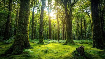 Obraz premium Sunlit Mossy Forest: A Tranquil Green Haven