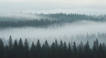 Fototapeta premium A calming forest landscape covered in soft mist, with a dreamy and ethereal atmosphere, ideal for relaxation, meditation, and wellness themes.