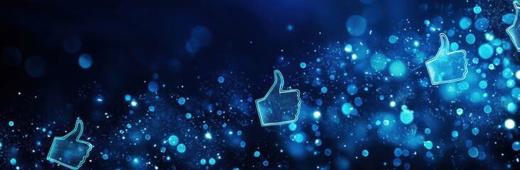 Abstract Blue Background with Glowing Thumbs-Up Icons and Sparkling Light Effects