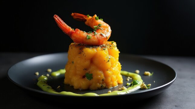 Dramatic presentation of mofongo topped with shrimp and herb sauce