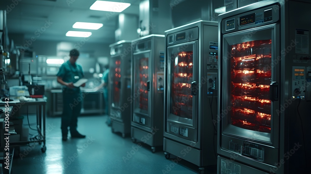 Poster illuminated server racks in a high tech data center facility showcasing the complex infrastructure a
