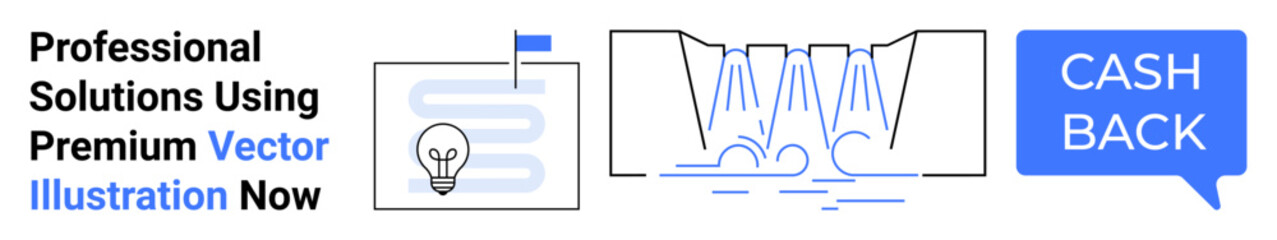Lightbulb and blueprint representing ideas, automated production lines, cashback speech bubble. Ideal for business, innovation, automation, strategy, finance, marketing corporate uses flat landing