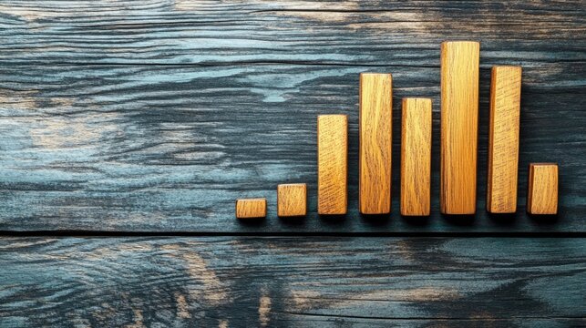 Wooden board with wooden bar chart visually representing data growth on rustic background - Powered by Adobe