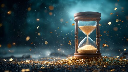 An antique hourglass timer standing in a magical desert landscape with sand swirling around it and a shimmering ethereal bokeh background representing the concept of time deadline