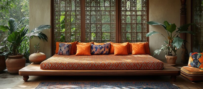 Traditional Indian khatiya with intricate net designs, surrounded by lush greenery and colorful cushions, showcasing cultural elegance and comfort.