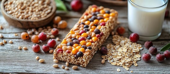 Nutritious breakfast scene featuring a colorful muesli bar, milk, and oats arranged on a rustic wooden table for a healthy lifestyle theme.