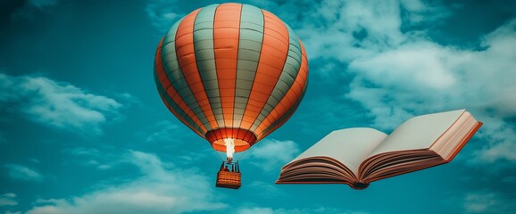 Fototapeta premium Hot Air Balloon and Open Book in Sky; Inspiring Imagination; Travel