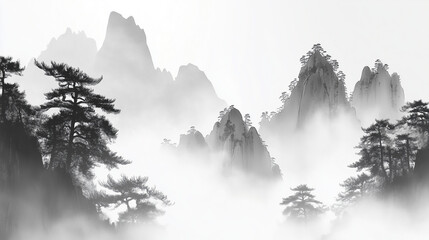 fog on the mountain in Chinese painting style.