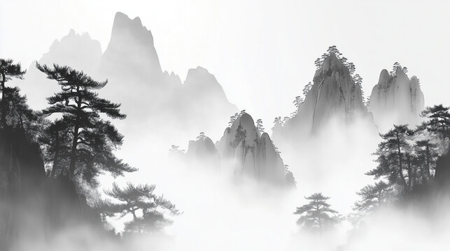 fog on the mountain in Chinese painting style.