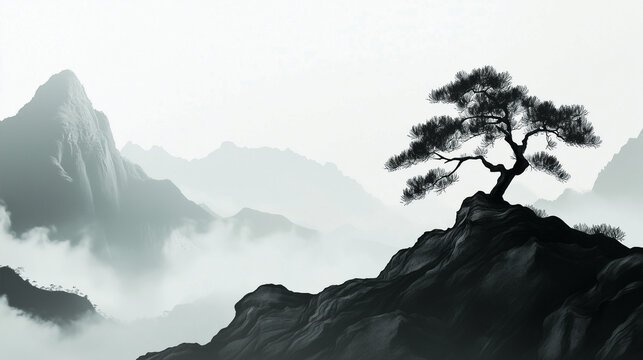 Black and white mountain landscape with clouds with Chinese painting style.