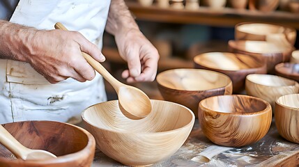 Craftsman polishing wooden bowl in workshop