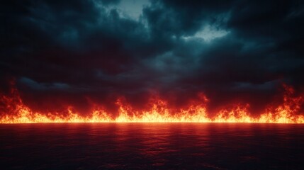 hell, fire, and demon concept. Dramatic fiery landscape with dark clouds