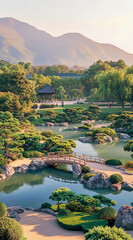 Obraz premium A tranquil Japanese garden with green trees, rocks, and water features. The scene includes small bridges over flowing streams, surrounded by lush foliage. In the background is an isolated mountain 