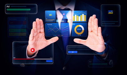 Marketing strategy by running ads in different formats online, business strategies concept design. SEO, On page, digital marketing, campaigns, leads, summary