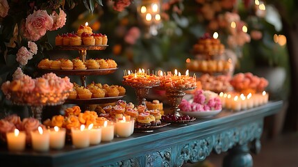 Vibrant sweets in elegantly designed dishes with floating candles around