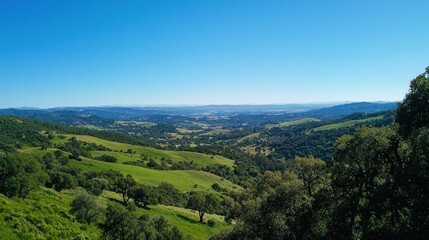 Obraz premium Panoramic Valley Vista: A Breathtaking View of Rolling Hills and Lush Green Landscape Under a Clear Blue Sky