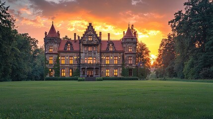 Obraz premium Historic castle glowing at dusk, set against a dramatic sunset, used for tourism