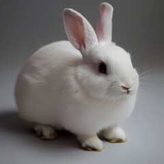 Obraz premium Portrait of a Fluffy White Rabbit Against a Grey Background