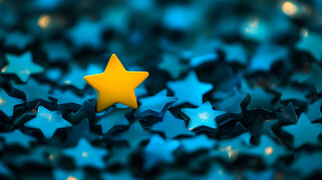 A yellow star stands out among the blue stars, symbolizing the concept of individuality and unique qualities that make one person stand apart from others. The background is dark to emphasize 