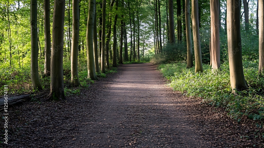 Aufkleber Serene pathway through a lush green forest with tall trees and soft sunlight filtering through leaves : Generative AI