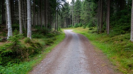 Scenic pathway winding through a lush green forest surrounded by tall trees and serene nature : Generative AI