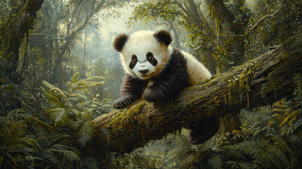 Fototapeta premium Baby panda climbing mossy branch in lush forest