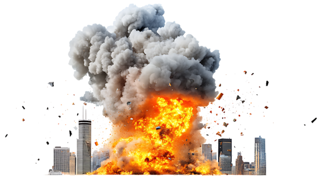 Massive explosion in city, fire and smoke.