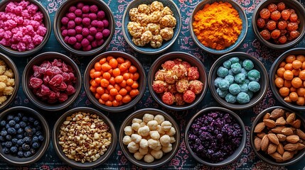 Brightly colored festival treats in luxurious bowls on a table with intricate patterns