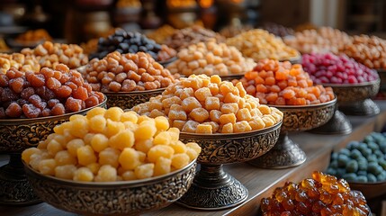 A variety of traditional sweets in artistically designed metal bowls with warm lighting
