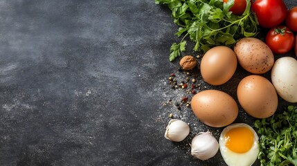 Fresh organic eggs and vegetables on a dark stone background for healthy cooking : Generative AI