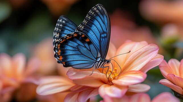 Blue butterfly on peach dahlia, garden background, nature photography, stock image