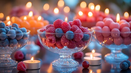 A collection of vibrant sweets in decorative glass bowls with candles softly flickering