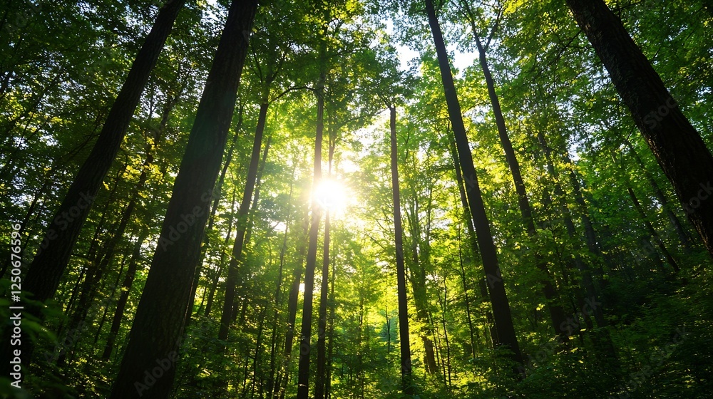 Poster Majestic view of tall trees in a lush green forest with sunlight streaming through leaves creating a vibrant scene : Generative AI