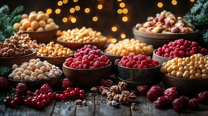 Sweet delicacies in detailed bowls arranged on a wooden table with festive lights